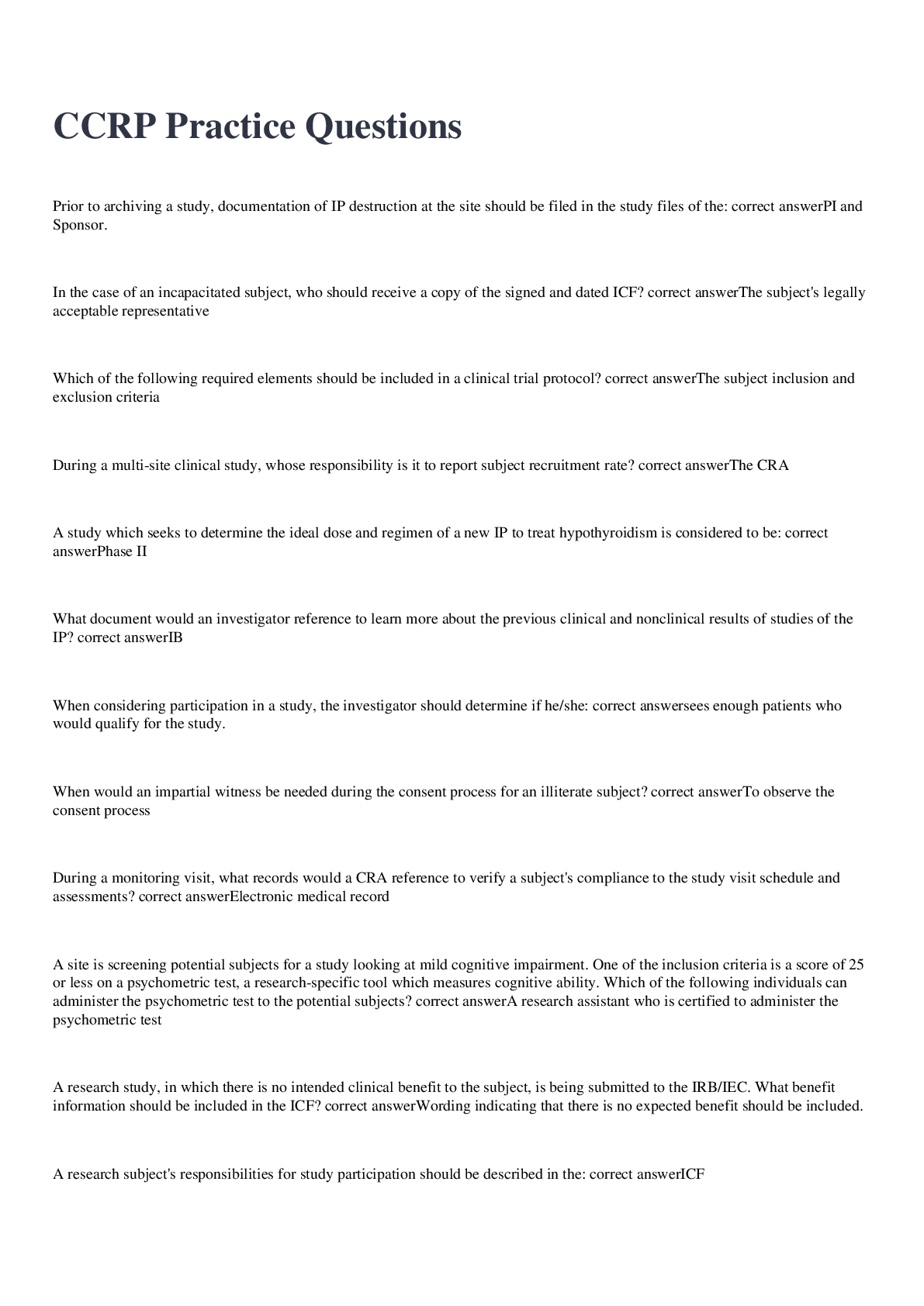 Preview image for CCRP Practice Questions And Answers 2022/2023